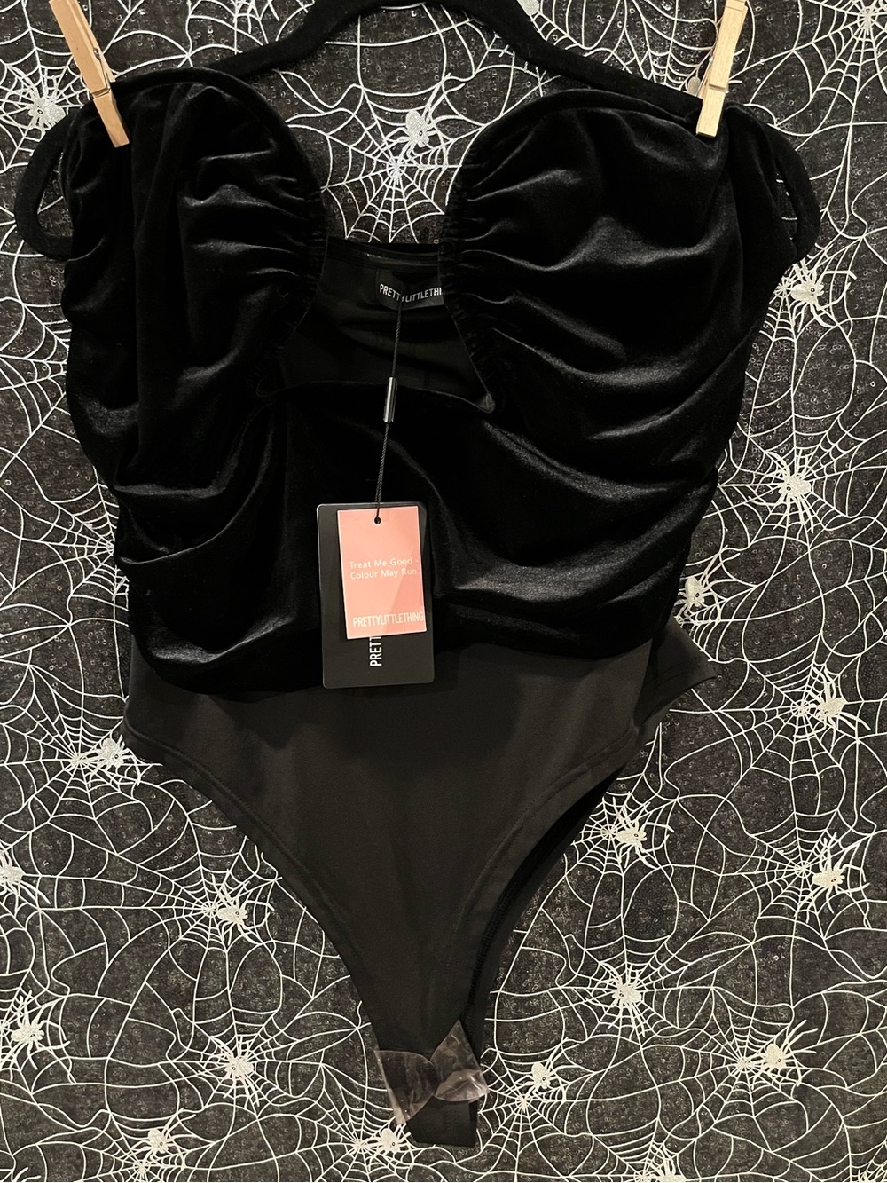 PrettyLittleThing Black Velvet Ruched Bodysuit size 12